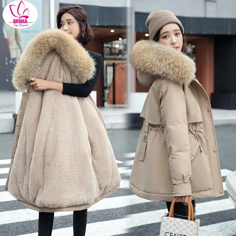 

Женская парка средней длины SUSOLA, новинка зимы 2024, Корейская версия, утепленная свободная теплая хлопковая куртка, женское хлопковое пальто