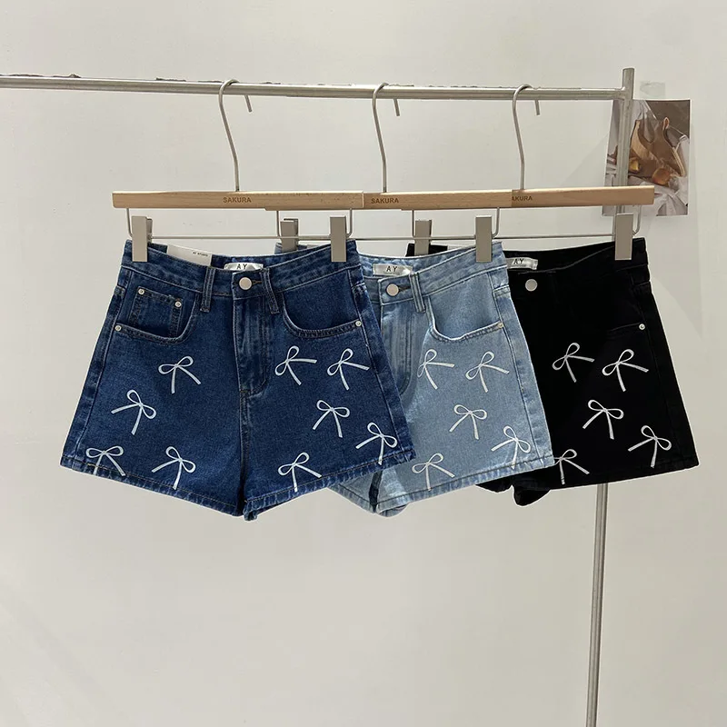 

Korean Sweet Bow Print Denim Shorts Tight Retro Washed Blue Short Jeans Y2k High Waist Straight Short Pants Summer Cute Jeans