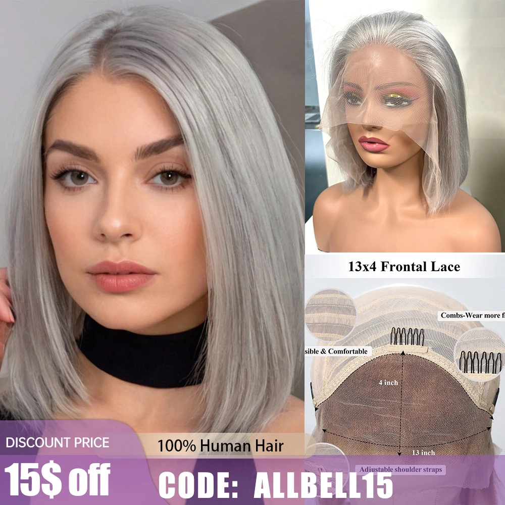 

Remy Human Hair 13x4 HD GLueless Lace Frontal Wigs Short Straight Bob Wig Highlight Silver Gray Blonde Hair for Afro Women Daily