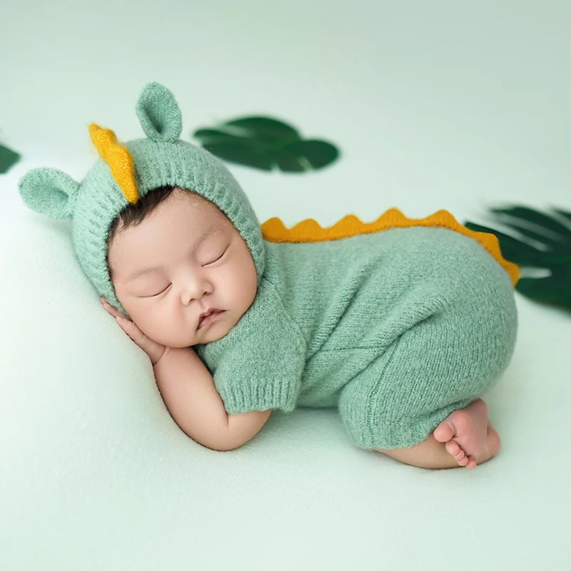 

Newborn Photography Clothing Dinosaur Doll Green Plant Posing Props Knitted Children Hat Jumpsuit Studio Shooting Scene Costume