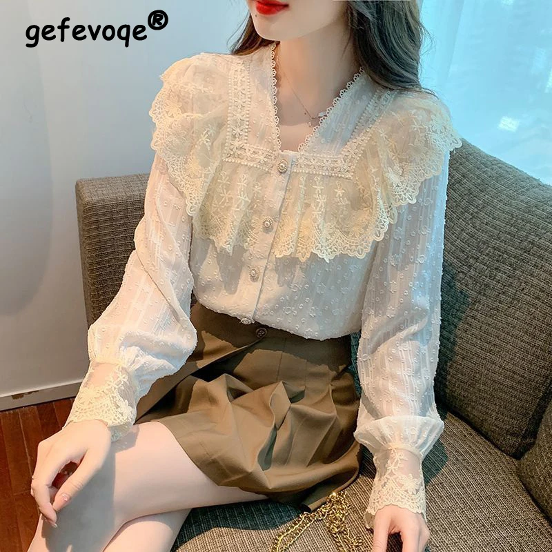 

Women Vintage Ruffles Lace Embroidery Design Blouses Spring Autumn Trendy V Neck Long Sleeve Shirts Casual Chic Sweet Fairy Tops