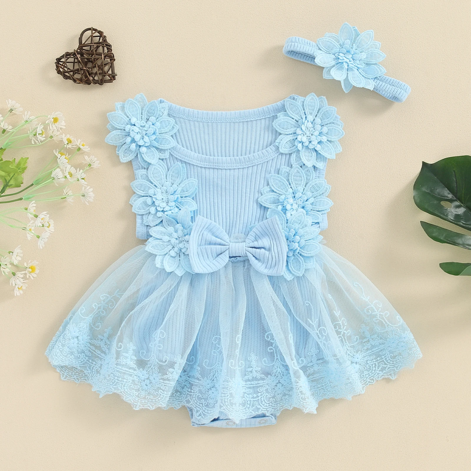 

Infant Baby Girl Lace Tulle Romper Dress Ruffle Sleeve Flowers Bodysuit Spring Summer Overall Dress with Headband 2Pcs Outfit