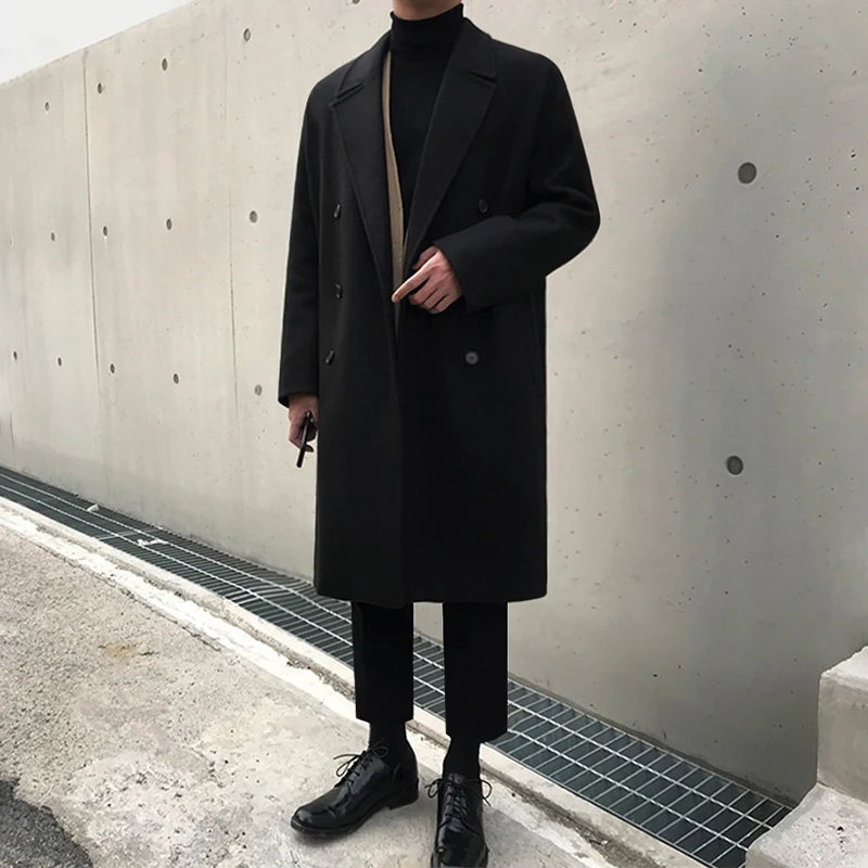

Осенне-зимнее модное мужское шерстяное кашемировое пальто, однотонное двубортное длинное пальто с лацканами, куртка, повседневное пальто Y53