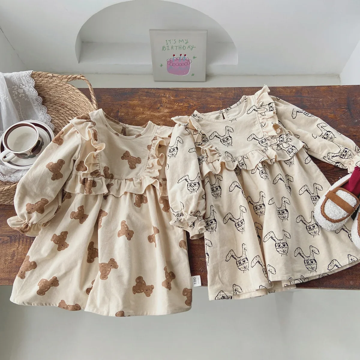 

2024 Spring New in Children Girls Cute Clothes Kids Baby Puff Sleeve Cartoon Print Ruched Knee-length Dress Toddler Outwear 2-7Y