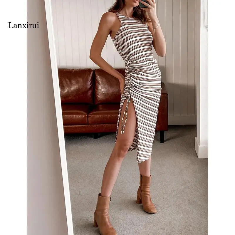 

Women Sleeveless Striped Sexy Dress Irregular Knitting Split Fork Package Hip Bodycon Skirts Autumn Winter Casual Party Evening