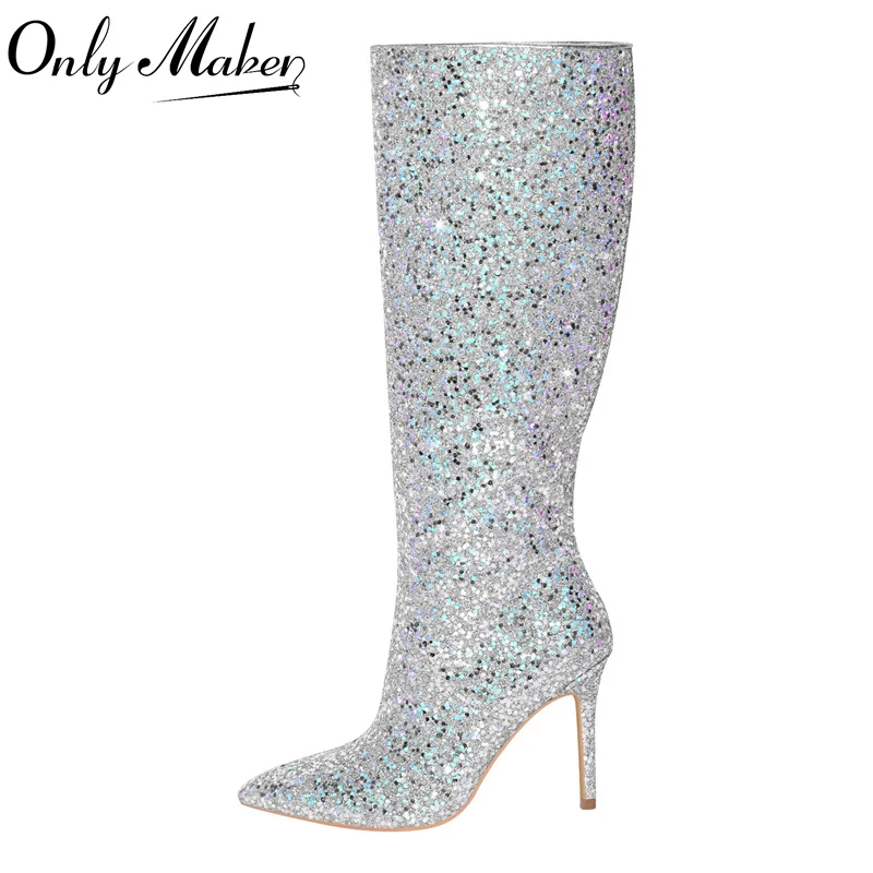 

Onlymaker Woman Pointed Toe Glitter Knee High Boots Thin High Heels Concise Side Zipper Big Size Fashion Stiletto Boots