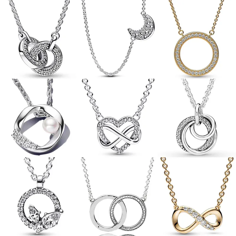 

Authentic 925 Sterling Silver Intertwined Hearts Circle Pave Moon Family Always Infinity Necklace For Women Fashion Jewelry