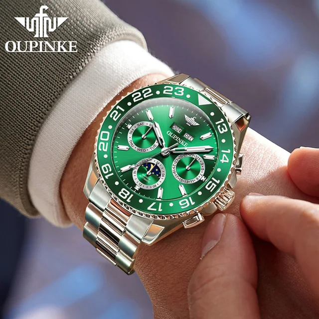 PINKE-Montre mécanique étanche entièrement automatique pour homme, montres de tempérament vissées, surface miroir saphir Shoous, phase de lune et date 2