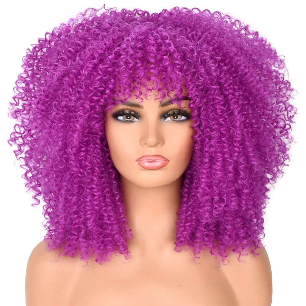 

Synthetic Fibre Glueless Cosplay Hair Curly Afro Wigs For Black Women Short Kinky Curly Wigs With Bangs 16inch Brown Afro Hair