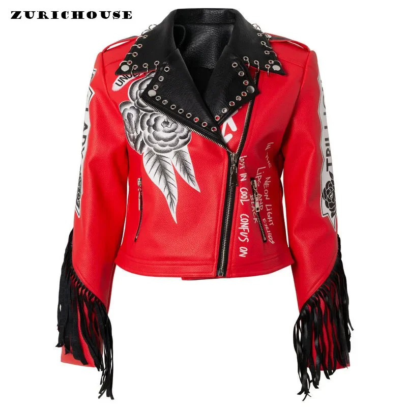 

Уличная одежда, укороченная кожаная куртка с контрастной бахромой для женщин, новинка 2024, облегающая мотоциклетная куртка из искусственной кожи красного цвета с принтом на молнии