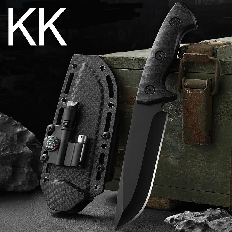 

KK Outdoor Tactical Knife Hunting Knife with Fixed Blade with Sheath Camping Multi Tool Full Tang Rescue Survival Knife for Men