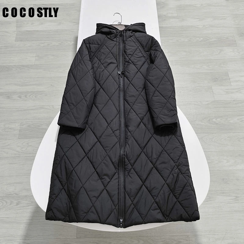 

Cocostly 2023 Winter Women Loose Rhombic Lattice Hooded Zip Long Cotton Clothes Jacket Female Thickened Warm Parka Coat Outwear