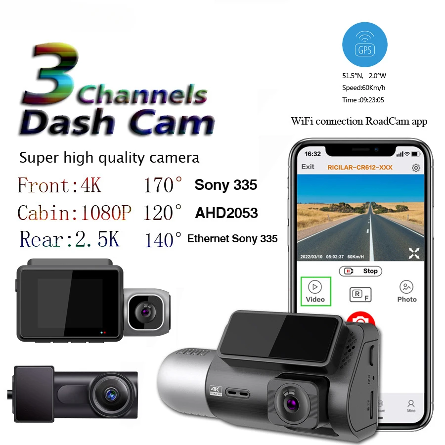 

4K Dashcam With Wifi Gps Car Dvr 3 Camera Mini 4k Sony Dash Cam 3 Lens Front And Rear Inside 3 Channel Dash Dvr Camera Recorder