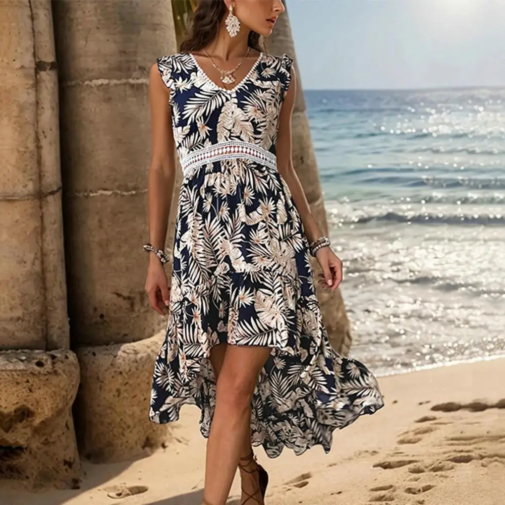 

V-neck Hollow Dress Stylish Leaf Print Boho Dress with V Neck Back Zipper Closure for Women Vacation Dress with Hollow Out Waist