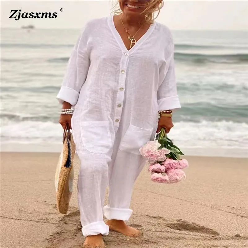 Women V Neck Button Mid Waist Pockets Bodysuit Summer Female Holiday Beach Overalls 2023 Simple Casual Cotton And Linen Jumpsuit
Women V Neck Button Mid Waist Pockets Bodysuit Summer Female Holiday Beach Overalls 2023 Simple Casual Cotton And Linen Jumpsuit