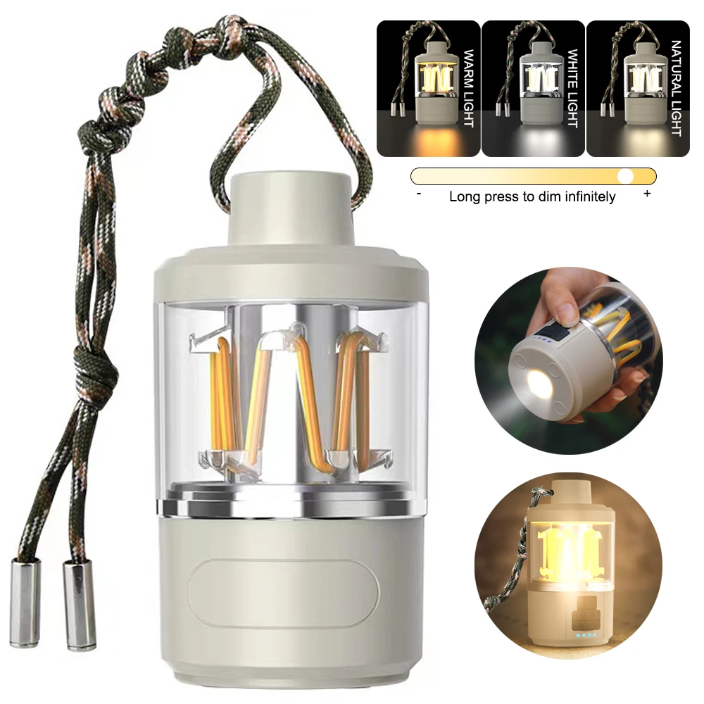 

Multifunctional COB Camping Light Rechargeable 3000-5500K Stepless Dimming Vintage Tent Lamp Outdoor Emergency Portable Lanterns