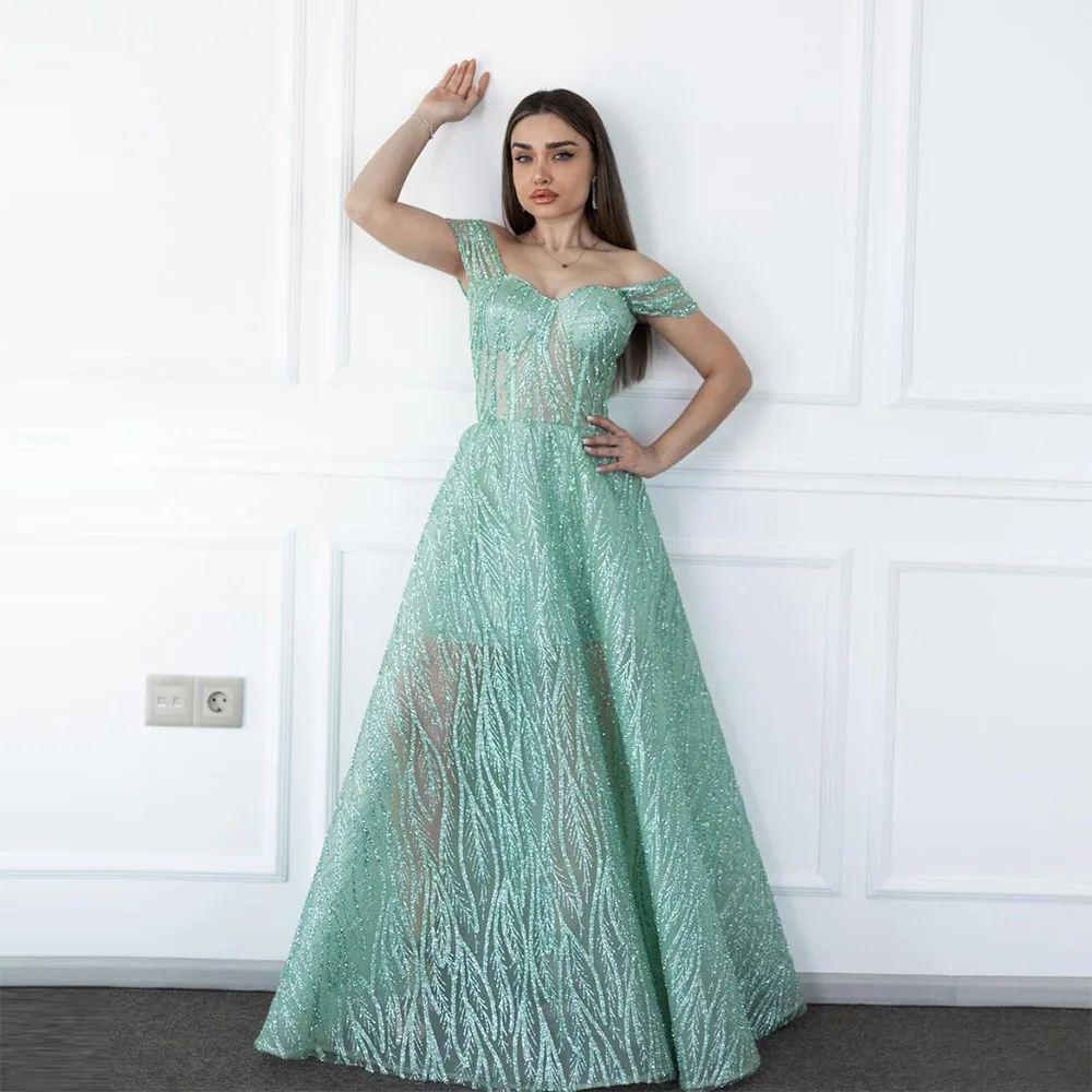 

Sevintage Sparkly Mint Green Beading Sequined Prom Dresses Off the Shoulder Saudi Arabic A-Line Evening Gowns Formal Occasion