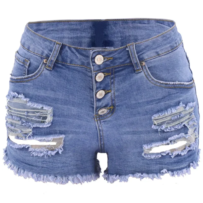 

New Summer Women Vintage Button Fly Denim High Waist Wash Hole Rolled Hem Jeans Shorts