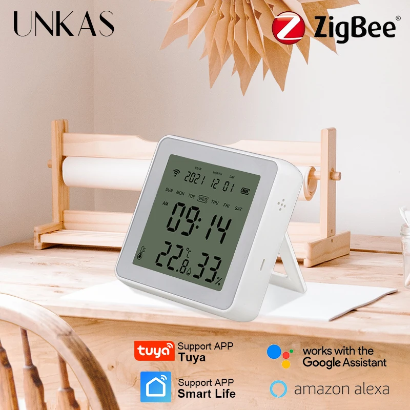 

UNKAS Tuya ZigBee Smart Home Temperature And Humidity Sensor With LED Screen Works With Google Assistant and Hub