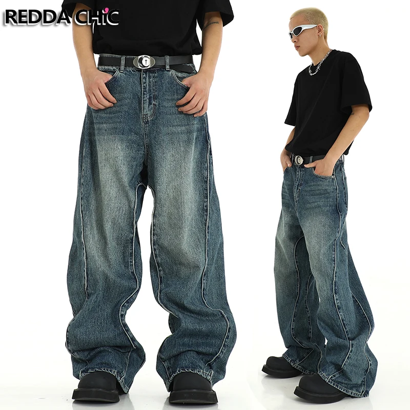 

REDDACHiC Twisted Seam Men Baggy Jeans, Retro Blue Whiskers Patchwork, Wide Leg Casual Oversized Pants, Skater Hiphop Streetwear