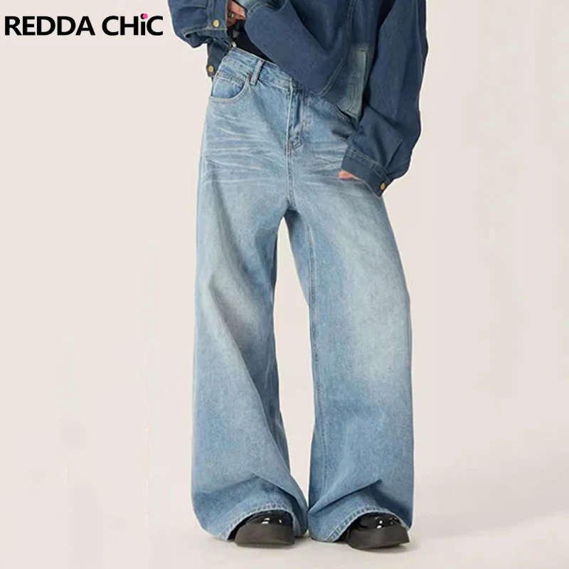 

ReddaChic Vintage Blue Brushed Baggy Jeans Women Casual High Waist Wide Leg Oversize Pants Boyfriend Trousers Korean Y2k Clothes