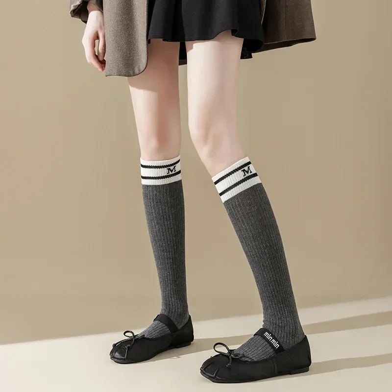 

Japanese Style School Students Stockings Women Girls Cotton Long Socks Stocking Letter Embroidery Solid Color Black Knee Socks