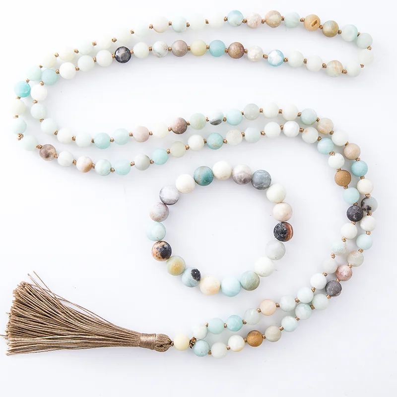 

108 Mala Beads Necklace 8mm Matte Amazonite Knotted Meditation Yoga Prayer Jewelry Japamala Rosary with Tassel for Men and Women