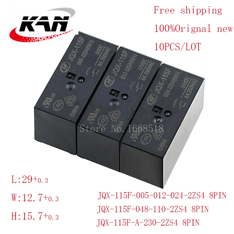 

Free shipping 10pcs relay JQX-115F-005-2ZS4 JQX-115F-012-2ZS4 JQX-115F-024-2ZS4 5VDC 12VDC 24VDC 8A 250VAC 8PIN Original New