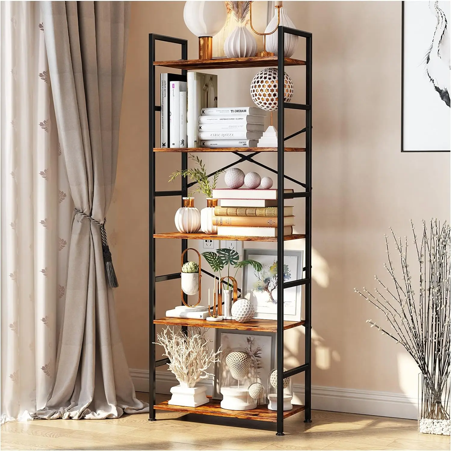 

CosyStar 5-Tier Tall Bookcase, Rustic Wood and Metal Standing Bookshelf, Industrial Vintage Book Shelf Unit, Open Back Modern