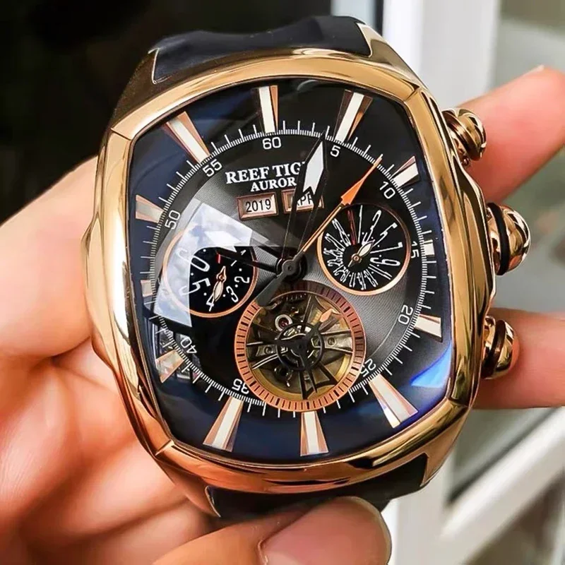 

Reef Tiger/RT Top Brand Luxury Big Watch for Men Blue Dial Mechanical Tourbillon Sport Watches Relogio Masculino RGA3069