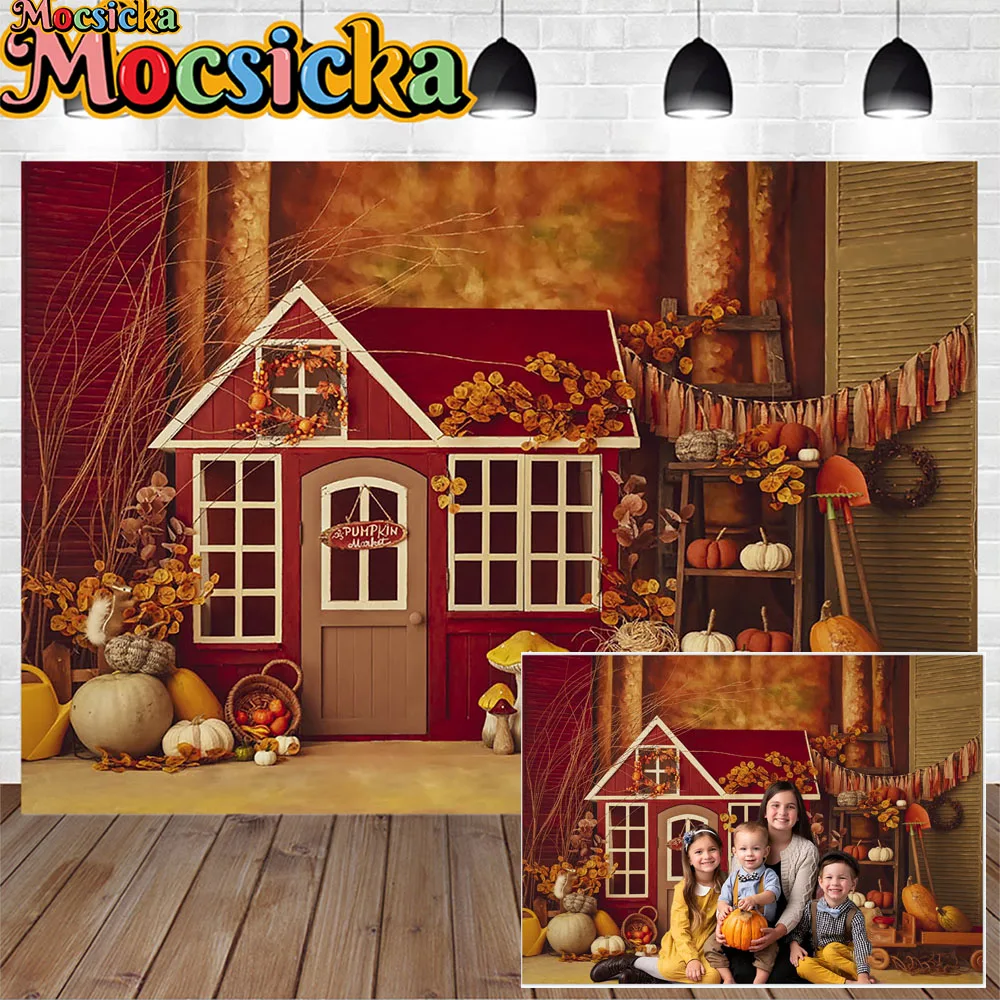 

Thanksgiving Pumpkin Farm Family Portrait Studio Background Red Wooden House Maple Decor Backdrop Fall Baby Cake Smash Photozone