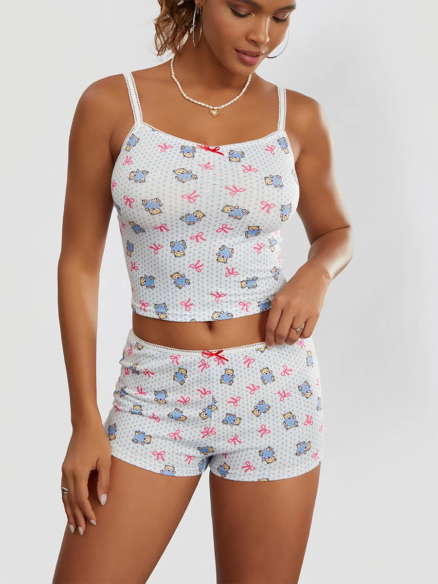 

Women's Summer Loungewear Pajama Set Cute Bow&Bear Print Sleeveless Crop Cami Tops with Shorts 2 Pieces Sleepwear Lounge Y2K 00s