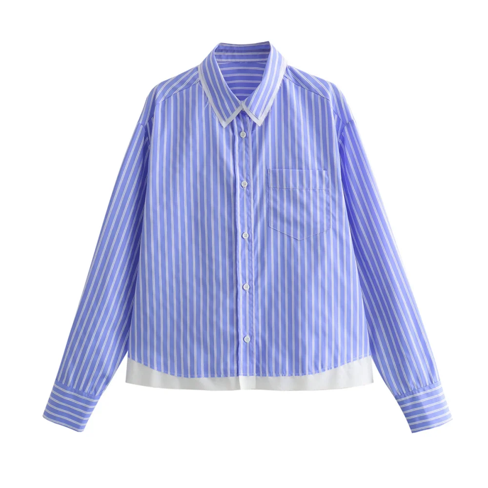 

PB&ZA 2024 Summer Women's Casual Versatile Loose Contrast Color Vertical Stripe Lapel Spliced Long Sleeve Shirt