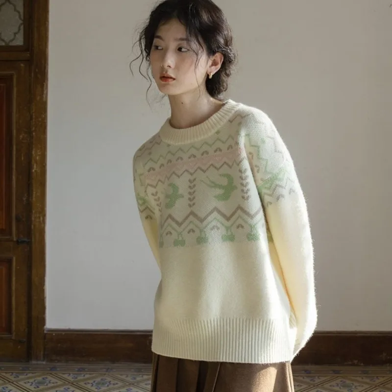 Vintage Women's Sweater Autumn Winter O-neck Printing Pullover Tops Korean Long Sleeve Knitted Sweater Female
Vintage Women's Sweater Autumn Winter O-neck Printing Pullover Tops Korean Long Sleeve Knitted Sweater Female
