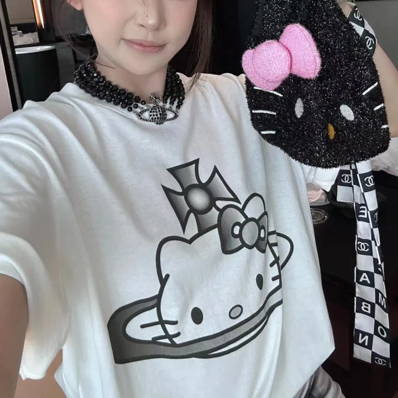 

Hello Kitty Sanrio Y2k White T-shirts Cute Cartoon Printed Short-sleeved Cotton Tops Casual O-neck Summer T-shirt For Women 2024