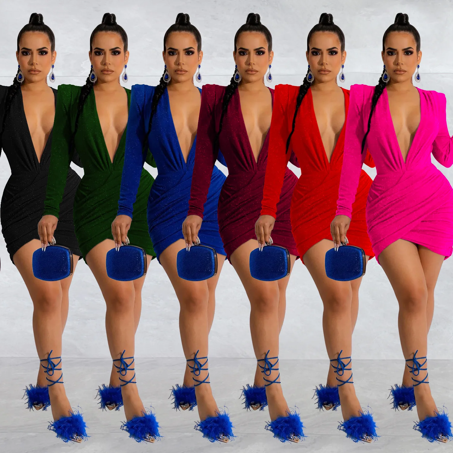 

Pleated Velvet Bodycon Dress Women Sexy Wraped V Neck Full Sleeve High Waist Ruched Up Asymmetrical Dresses 2022 New Vestidos