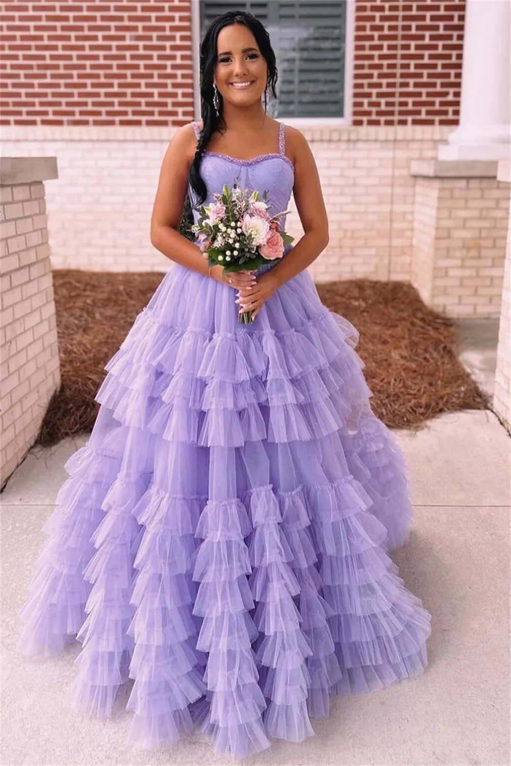 

Bead Spaghetti Straps Strapless Prom Dress With Tiered Ruffles Backless Formal Evening Party Sheer Corset A-line Long Ball Gowns