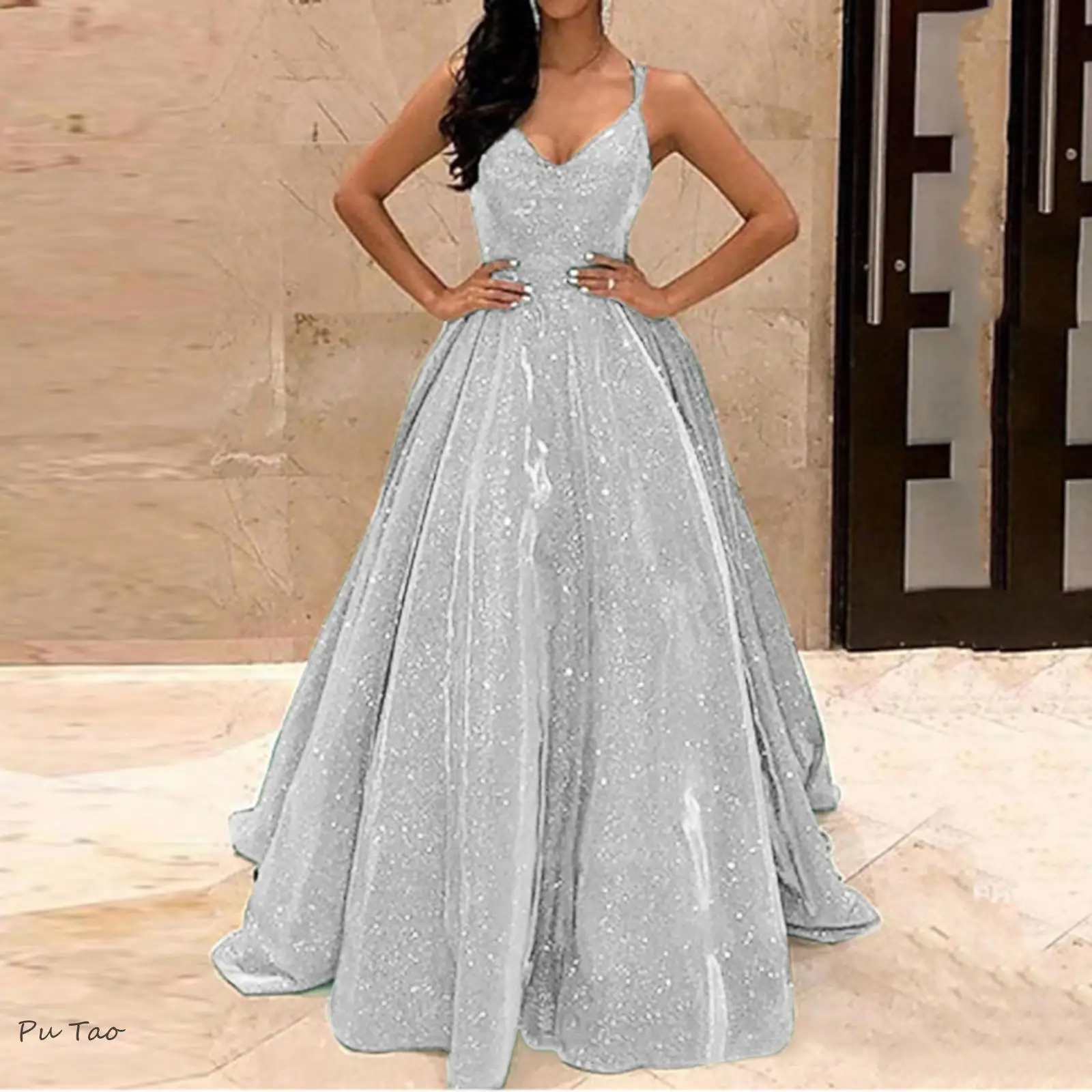 

Sequins Prom Dresses Women 2024 Spaghetti Strap Sleeveless Glitter Sequin Big Swing Formal Dresses Elegant Party Evening Dress