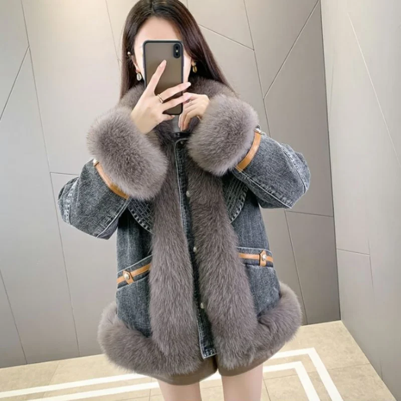 

Fried Street Jeans Jackets Women Overcoat 2023 New Winter New Middle Long Thick Warm Jeans Goose Down Jacket Fox Fur Collar Coat