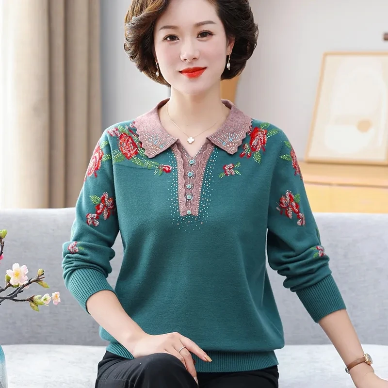

Autumn Winter Cashmere Sweater Middle-Aged Mother Long Sleeve Lapel Knitwear Women Wool Pullover Elegant Embroiderd Knit Jumper