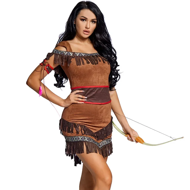 

Карнавальные костюмы индейской принцессы на Хэллоуин для женщин, женский костюм для взрослых Покахонтас, косплей, Пурим, нарядный костюм для вечеринки