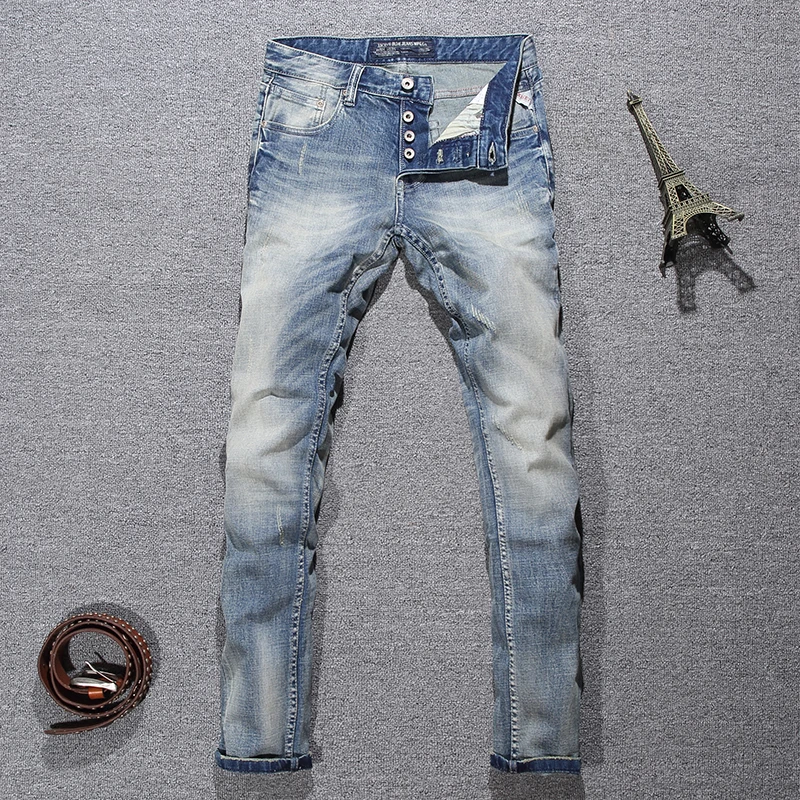 

Italian Style Fashion Men Jeans Retro Light Blue Elastic Slim Fit Ripped Jeans Men Buttons Trousers Vintage Designer Denim Pants