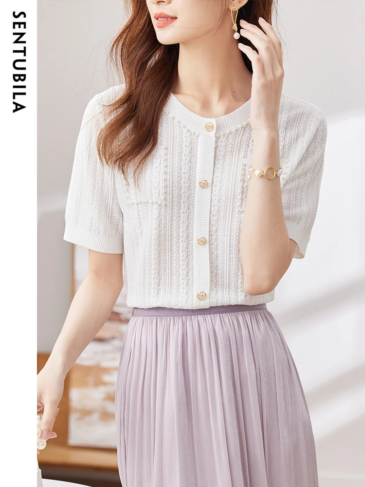 Sentubila Summer Knitwears White Sweater Tops for Women Short Sleeves Single Breasted Fashion O Neck T-Shirts Women Clothing
Sentubila Summer Knitwears White Sweater Tops for Women Short Sleeves Single Breasted Fashion O Neck T-Shirts Women Clothing