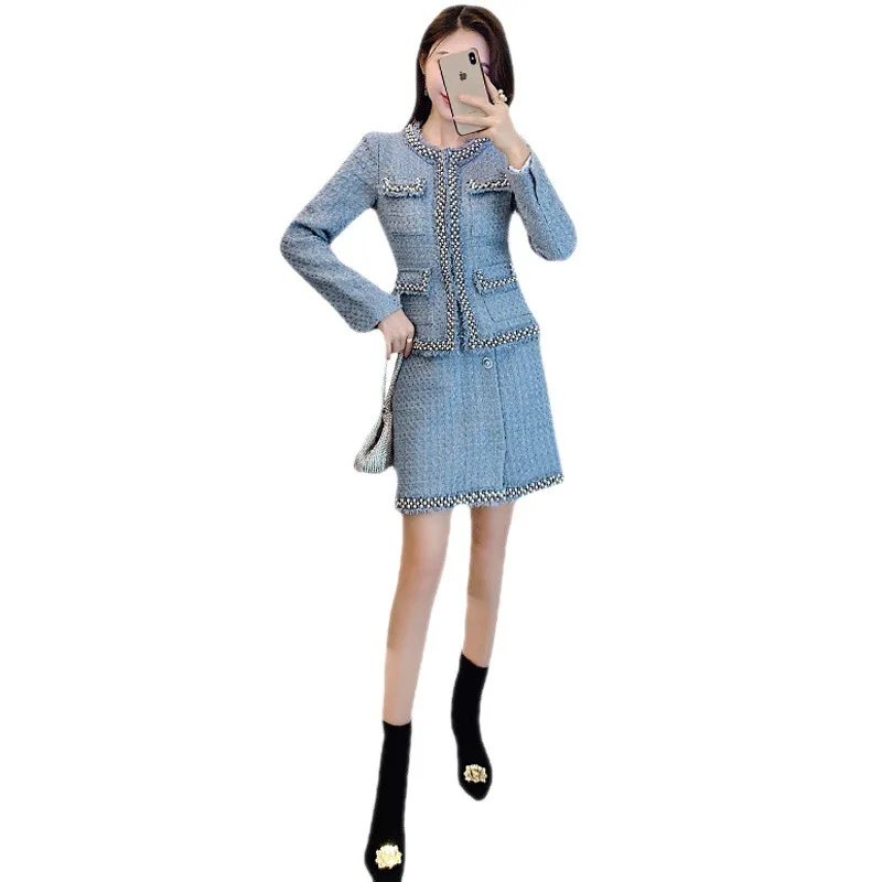

Women's Sky Blue Beaded Tweed Coat+High Waist Slim Fit Skirt 2 pcs Set New Spring and Autumn Season Fragrant Style Set