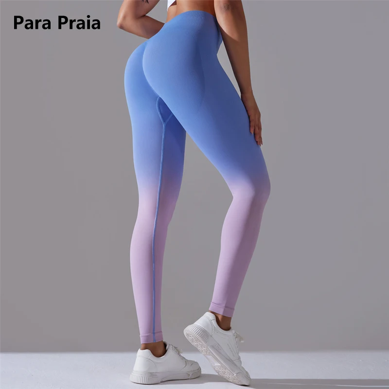 

Para Praia High Waist Gradient Yoga Leggings Women Fitness Leggings Seamless Knitting Tights Gym Cycling Hip Liftting Pants