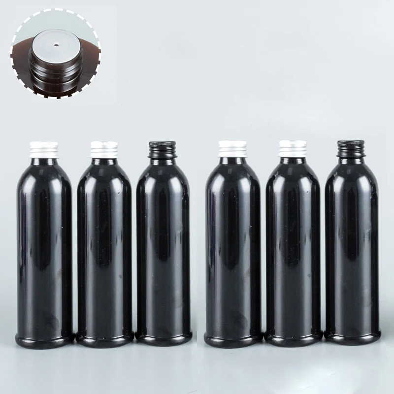250ml Black PET Bottle Pplastic Travel Packaging With Screw Cap Aluminum Bottle Cover Liquid Bottle, Skin Care Water Container 
250ml Black PET Bottle Pplastic Travel Packaging With Screw Cap Aluminum Bottle Cover Liquid Bottle, Skin Care Water Container
