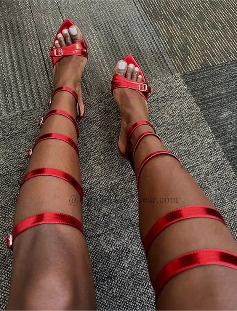 

Sexy Metallic Leather Red Strappy Sandals Women Buckled Pointed Toe High Heels New in Luxury Designer Big Size Shoes Free Ship