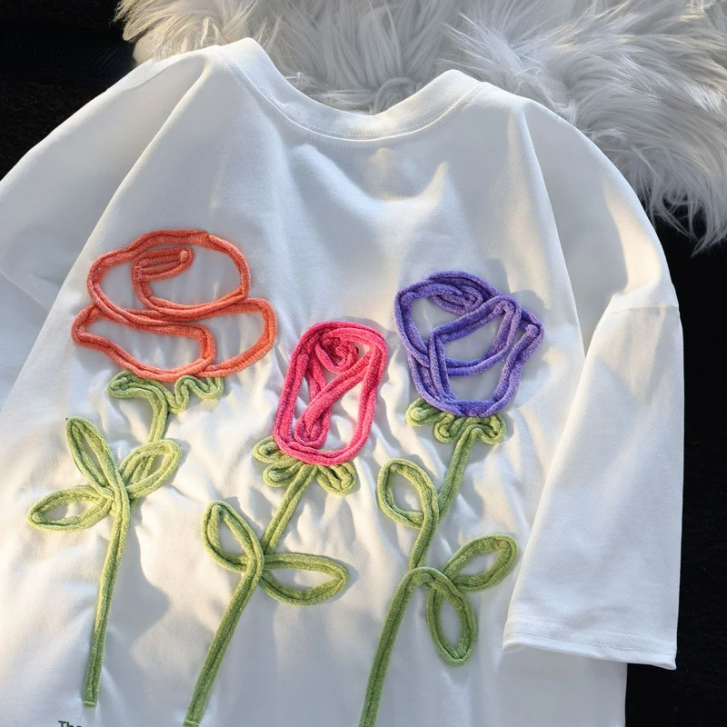 Korean Fashion Preppy High Street Tops O Neck Short Sleeve Loose Casual Cotton Tees Embroidery Stereo 3D Floral Women T-shirts
Korean Fashion Preppy High Street Tops O Neck Short Sleeve Loose Casual Cotton Tees Embroidery Stereo 3D Floral Women T-shirts