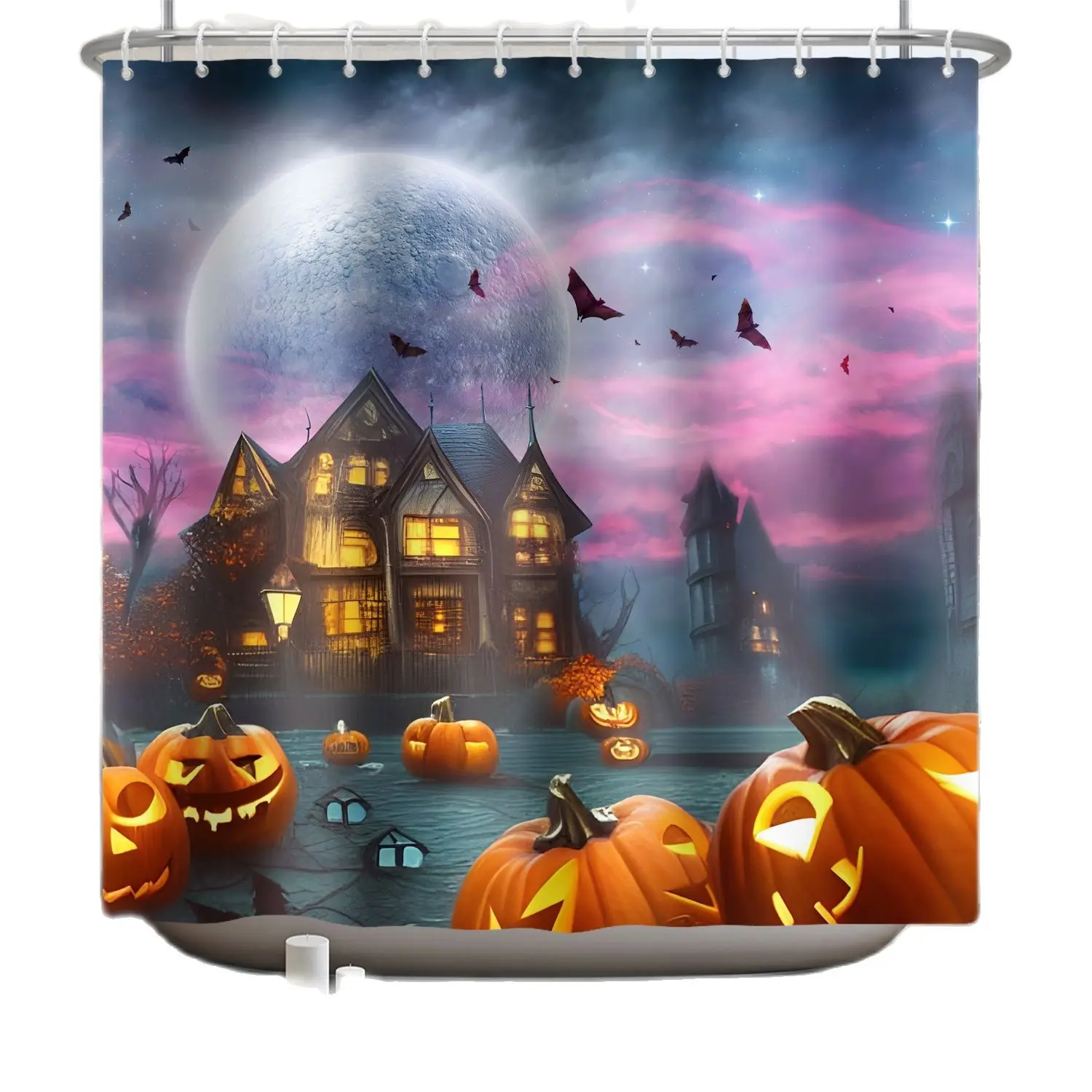 

Halloween Shower Curtain At Night Castle Witch Ghost Scary Pumpkin Bat Ghost Bathroom Decor Waterproof Fabric Bath Curtains