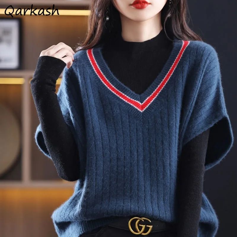 

Sweater Vests Women V-neck Batwing Sleeve Knitting Tops Fashion All-match Simple Streetwear Korean Style Loose Spliced Striped